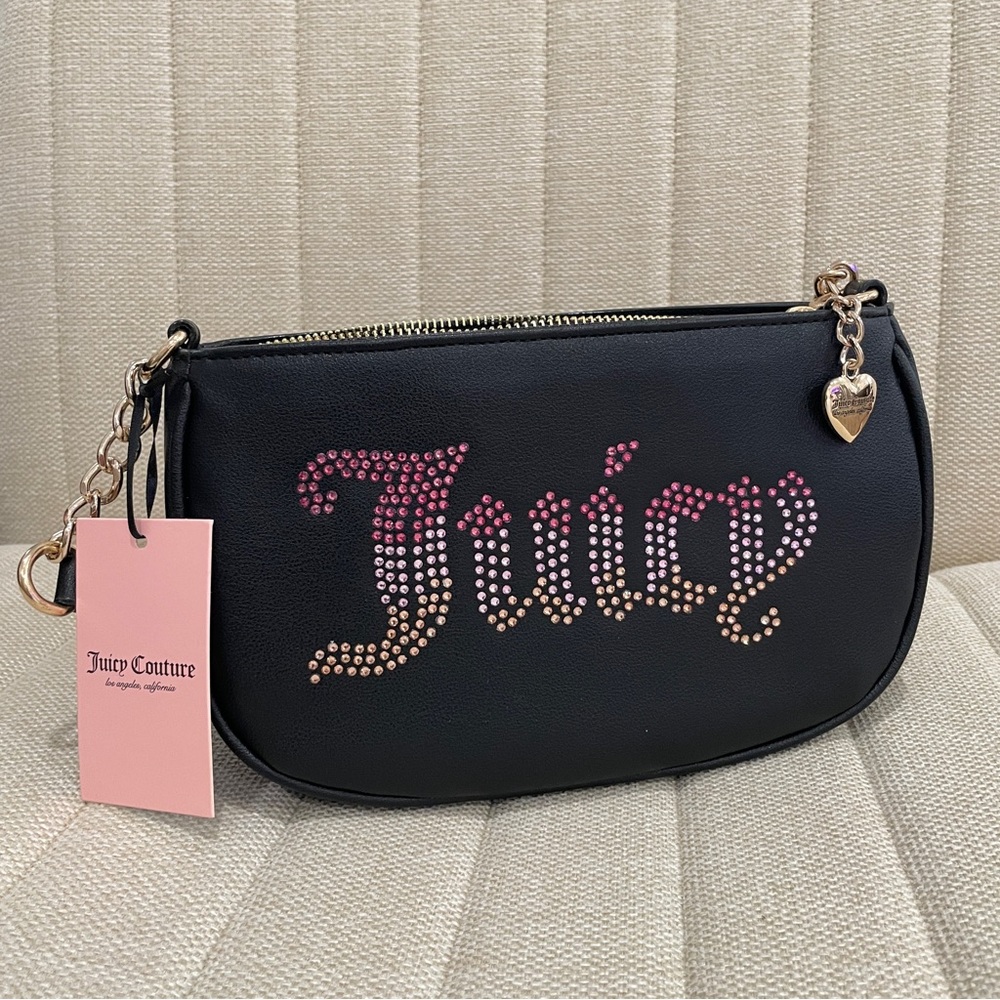 NEW Juicy Couture Black Faux‎ Leather Rhinestone Ombre Logo Shoulder Bag